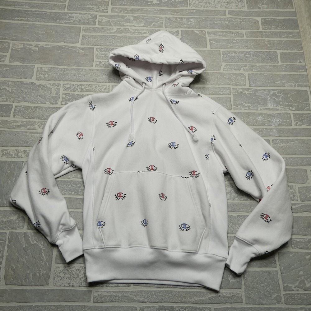 Champion Reverse Weave Hoodie Adult Small White All Over Print Hooded Sweatshirt